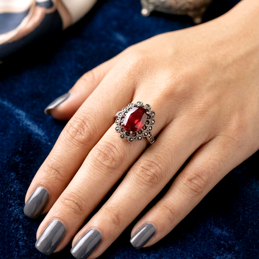 Oval Ruby Marcasite Silver Ring
